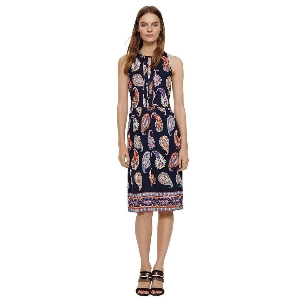 Tory Burch 100% Silk Paisley Sleeveless Keyhole Midi Dress Navyā Multi XL